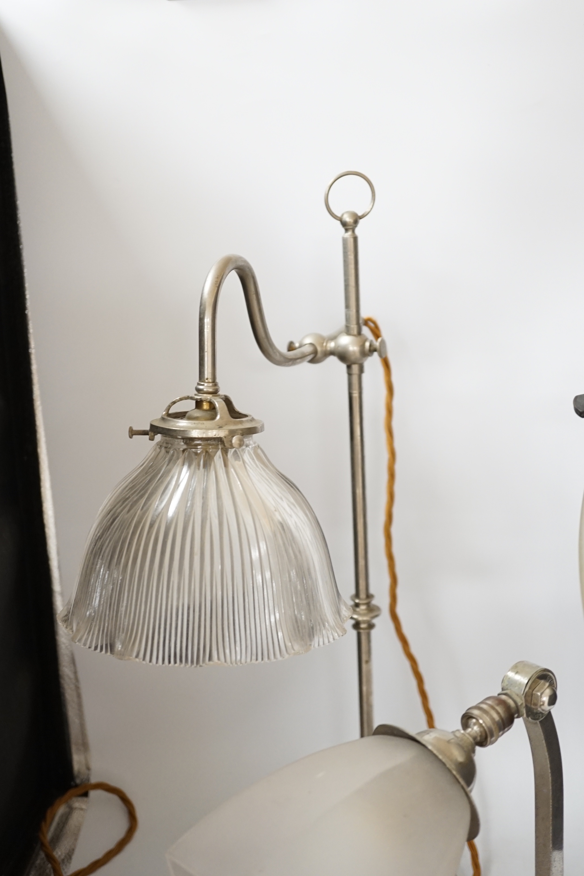 Three 1920’s/30’s chrome adjustable desk lamps with glass shades, tallest 56cm